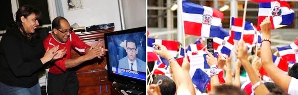 A la izquierda sus padres, Jorge y Lourdes, lo observan por televisión y a la derecha la comunidad dominicana en New York